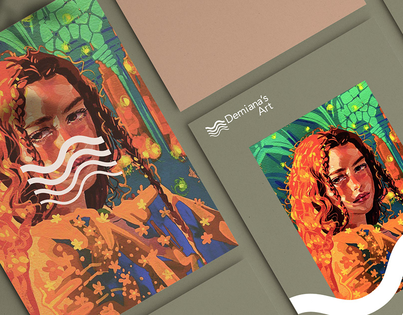 Colorful portrait paintings on prints and folders with the Demiana's Art wave logo on a sage green background