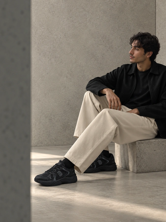 Batonia 2 Man in black jacket and beige trousers seated, wearing black sports shoes