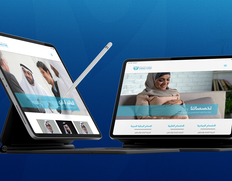 Family Care Hospital website shown on two tablets against a deep blue background