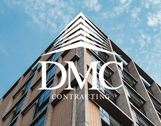 White DMC Contracting logo with a stacked-line building icon over a low-angle photo of a tall building against blue sky