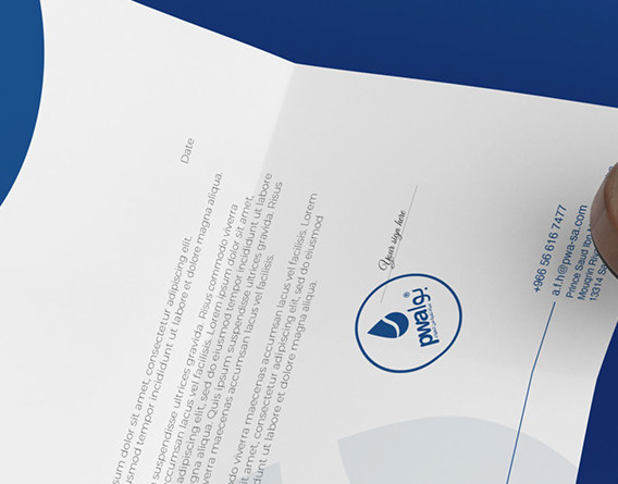 PWA bilingual logo with a white water drop and Arabic tagline on a square royal blue background