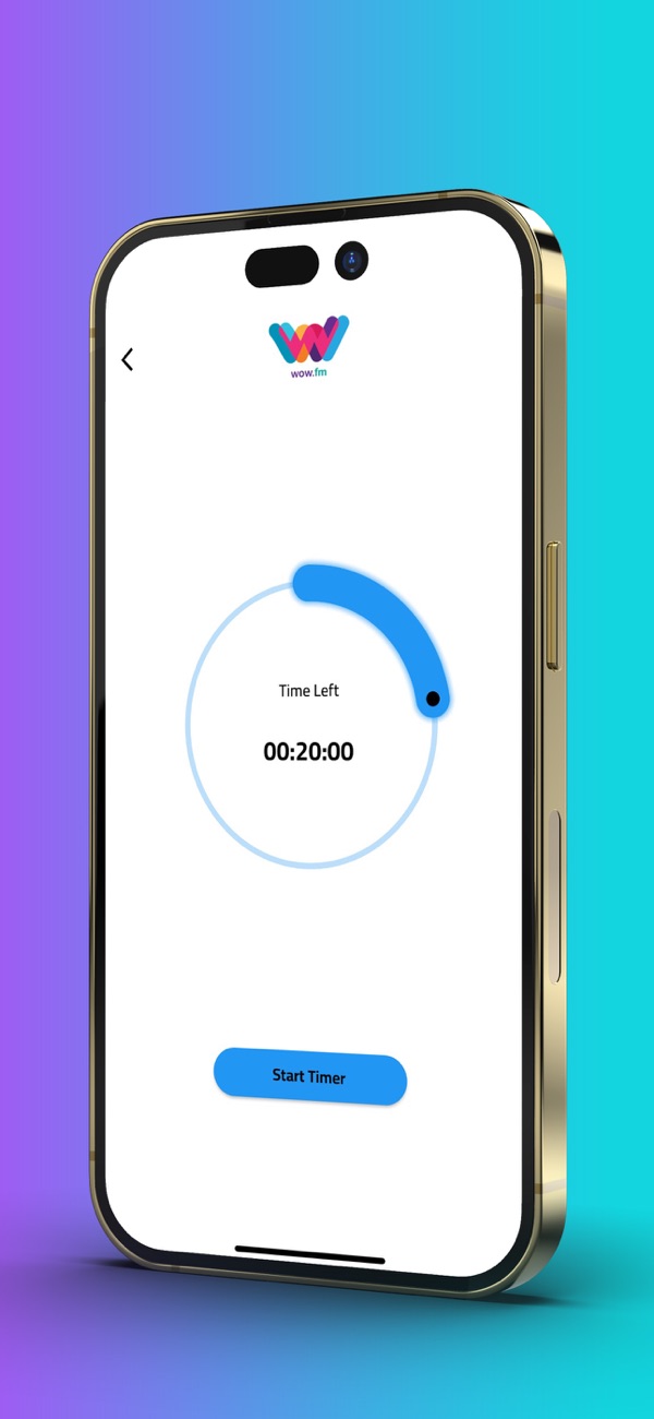 WOW.FM 4 WOW.FM iPhone app sleep timer screen with a 20-minute countdown and a Start Timer button