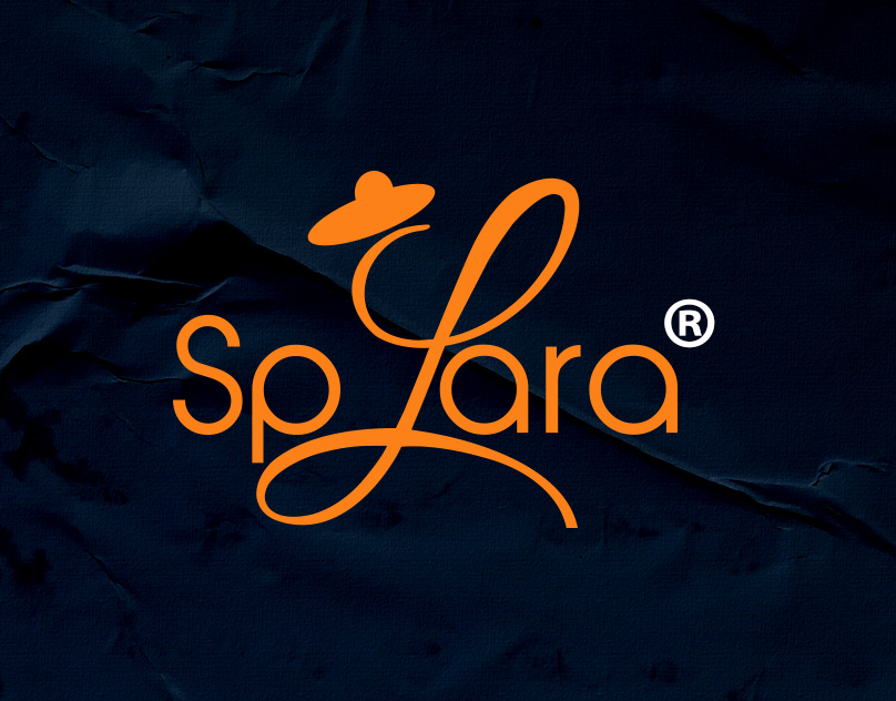 Orange Splara script logo with a small hat on the letter L on a dark navy textured background