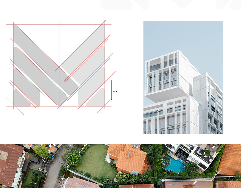Masader Building Materials logo: red and grey diagonal-bar M monogram above the wordmark on a black background