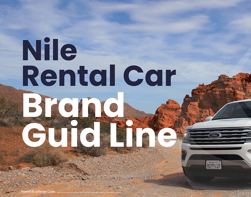 Nile Rental Car brand guideline cover with a white SUV on a desert road and bold navy and white title text
