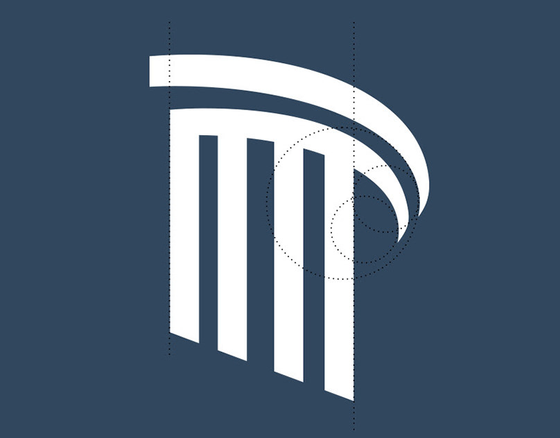 White classical column logo mark for Raafat on a navy background with circular construction guides