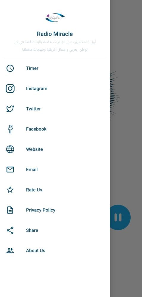 Radio Miracle 2 Radio Miracle app side menu with Timer, Instagram, Twitter, Facebook, Website, Email, Rate Us, Privacy Policy, Share and About Us