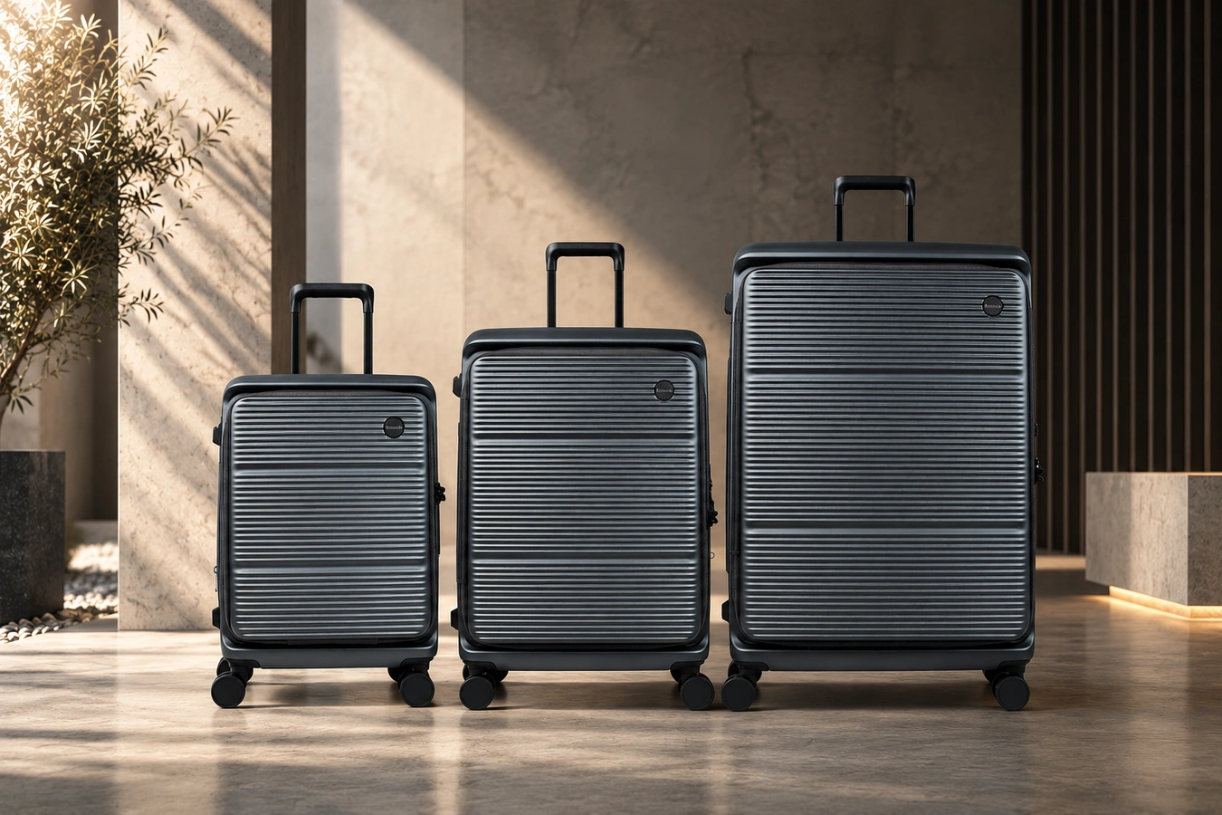 Set of three grey Batonia hard-shell travel suitcases in a stone interior