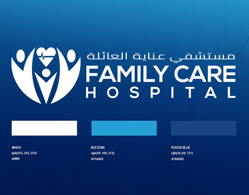 Family Care Hospital logo in white on deep blue, with Arabic name, family-and-heart symbol and colour swatches