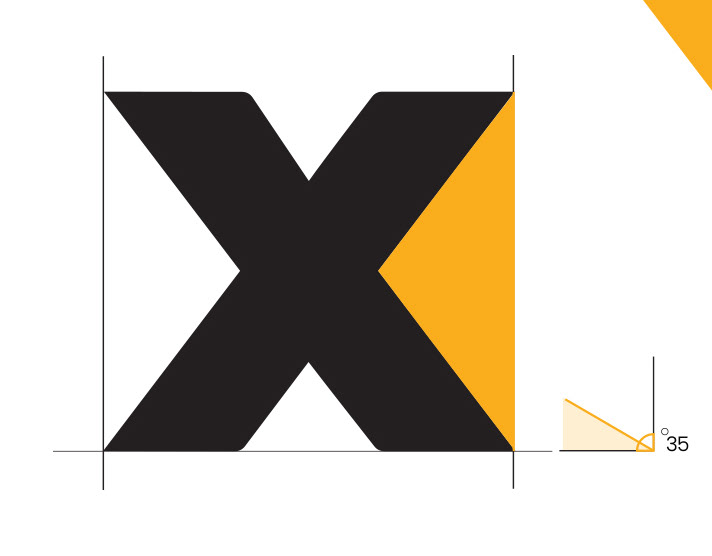 DropEx X monogram in black with a tangerine triangle and a 35-degree angle construction guide