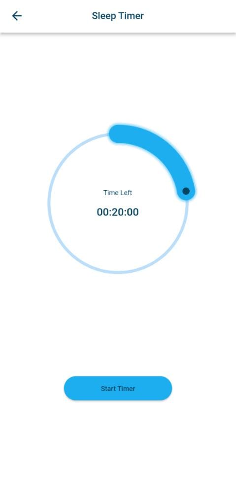 Radio Miracle 3 Radio Miracle app sleep timer screen with a 20-minute countdown dial and a Start Timer button