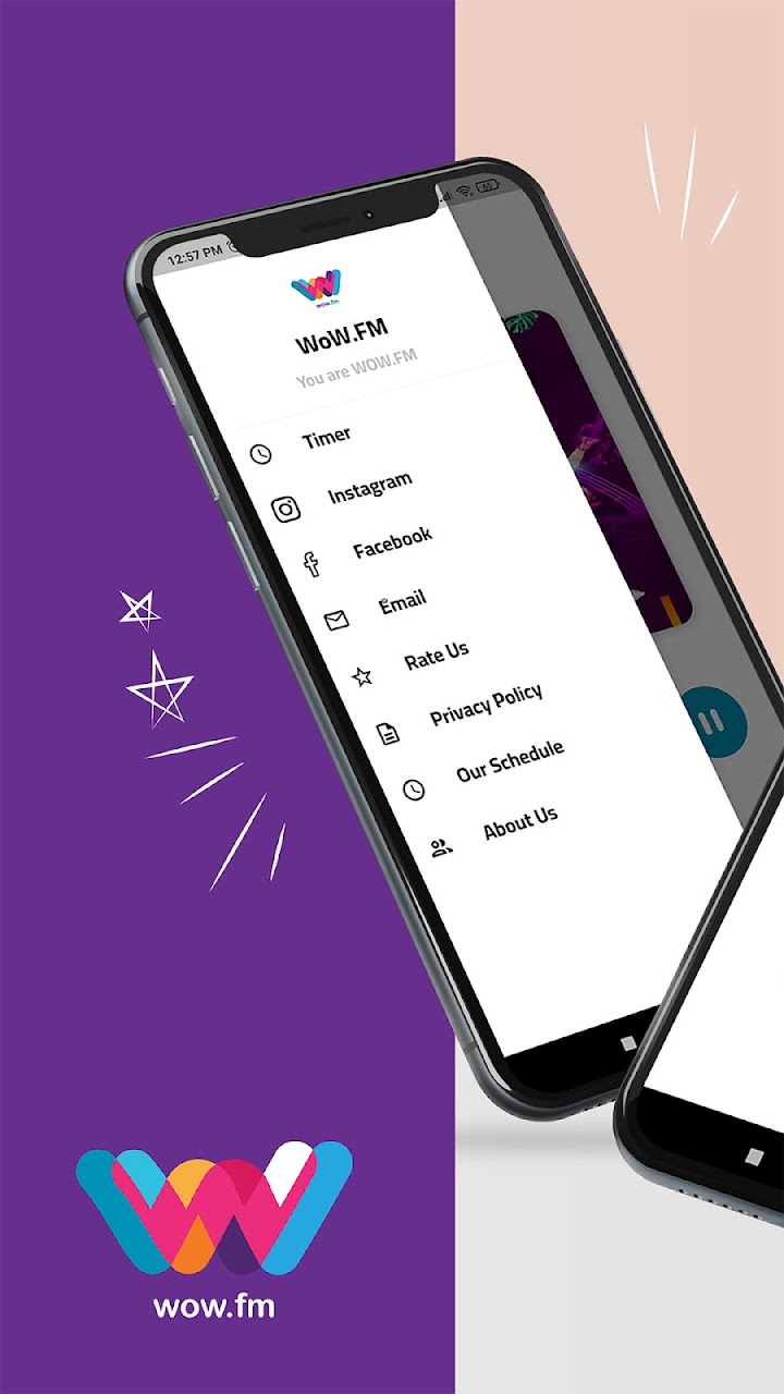 WOW.FM 3 WOW.FM app side menu with Timer, Instagram, Facebook, Email, Rate Us, Privacy Policy, Our Schedule and About Us